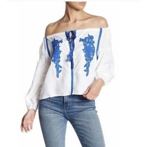 Line & Dot Embroidered Off The Shoulder Peasant boho prairie blouse size xs